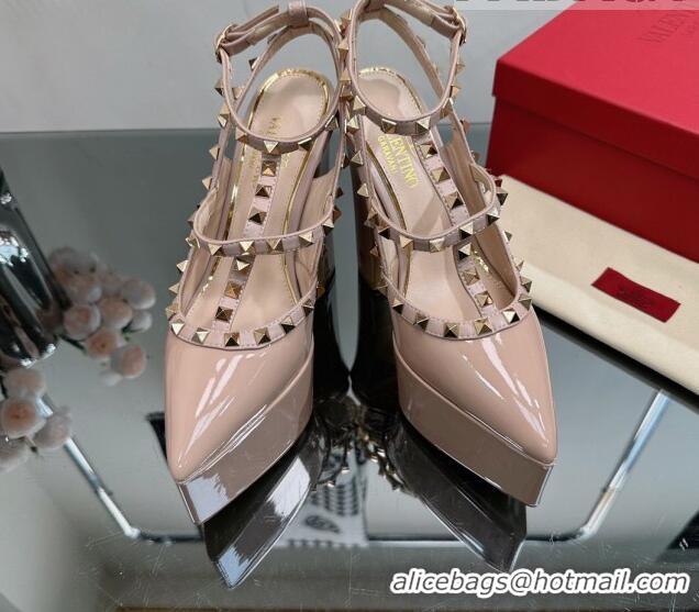 Discount Valentino Rockstud Pointed Platform Pump 15.5cm in Patent Leather Nude 809011