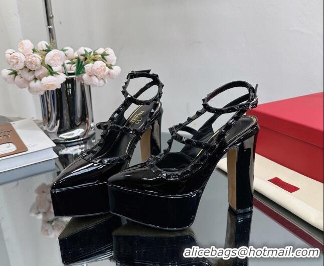 Popular Style Valentino Rockstud Pointed Platform Pump 15.5cm in Patent Leather All Black 809012