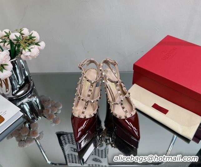 Unique Discount Valentino Rockstud Pointed Platform Pump 15.5cm in Patent Leather Burgundy 809013