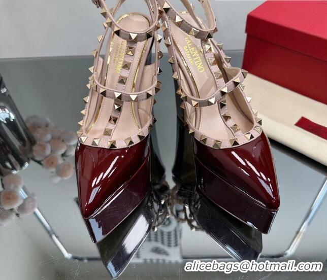 Unique Discount Valentino Rockstud Pointed Platform Pump 15.5cm in Patent Leather Burgundy 809013