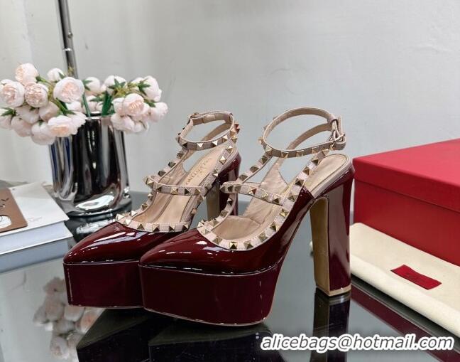 Unique Discount Valentino Rockstud Pointed Platform Pump 15.5cm in Patent Leather Burgundy 809013