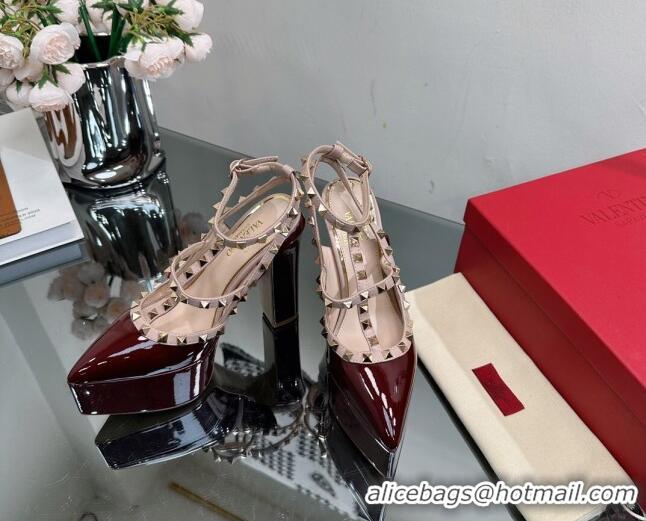 Unique Discount Valentino Rockstud Pointed Platform Pump 15.5cm in Patent Leather Burgundy 809013