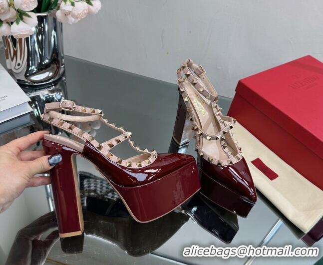 Unique Discount Valentino Rockstud Pointed Platform Pump 15.5cm in Patent Leather Burgundy 809013