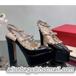 est Grade Valentino Rockstud Pointed Platform Pump 15.5cm in Patent Leather Black/Pink 809014