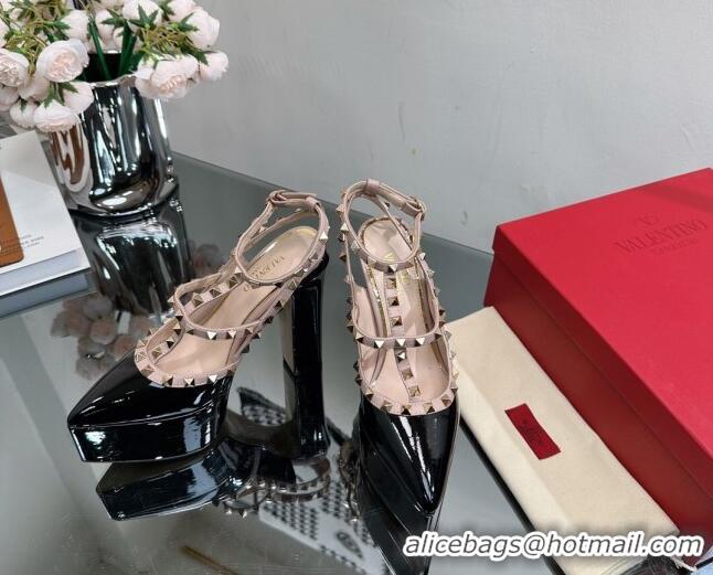 est Grade Valentino Rockstud Pointed Platform Pump 15.5cm in Patent Leather Black/Pink 809014