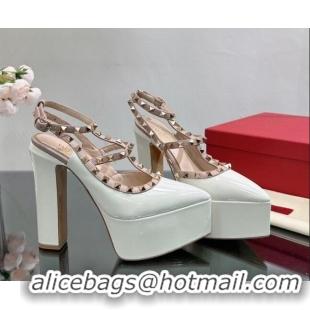 Pretty Style Valentino Rockstud Pointed Platform Pump 15.5cm in Patent Leather White 809015