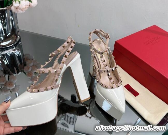 Pretty Style Valentino Rockstud Pointed Platform Pump 15.5cm in Patent Leather White 809015