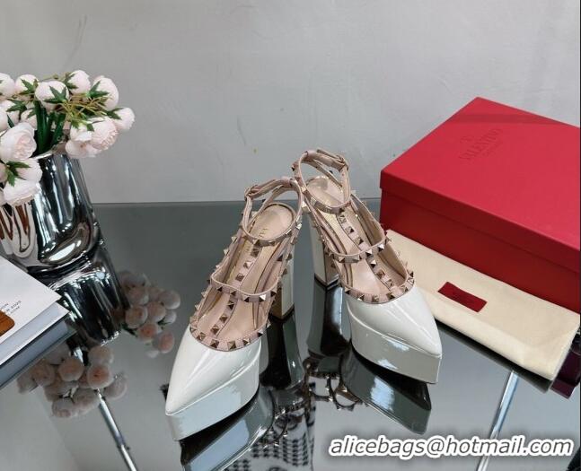 Pretty Style Valentino Rockstud Pointed Platform Pump 15.5cm in Patent Leather White 809015