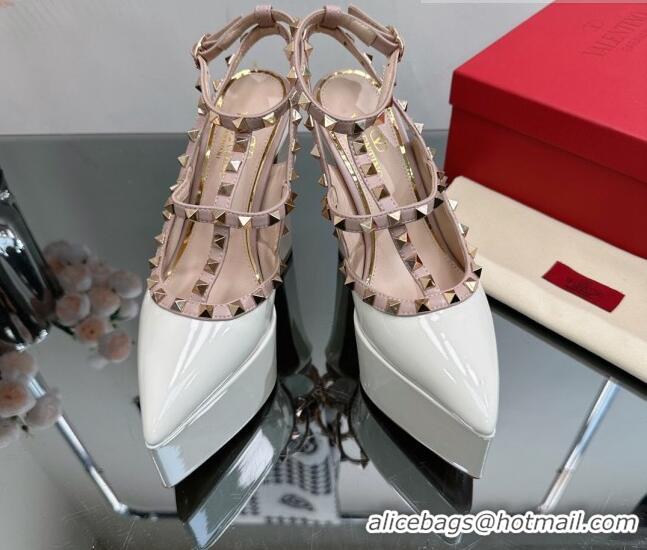 Pretty Style Valentino Rockstud Pointed Platform Pump 15.5cm in Patent Leather White 809015