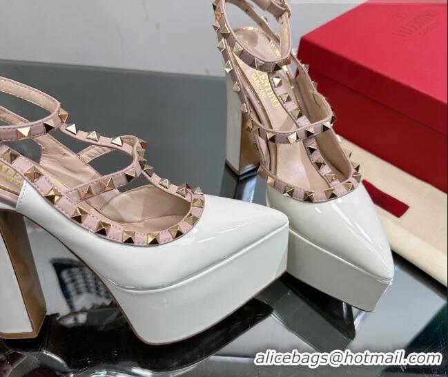 Pretty Style Valentino Rockstud Pointed Platform Pump 15.5cm in Patent Leather White 809015