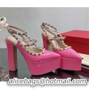 Classic Hot Valentino Rockstud Pointed Platform Pump 15.5cm in Patent Leather Dark Pink 809016