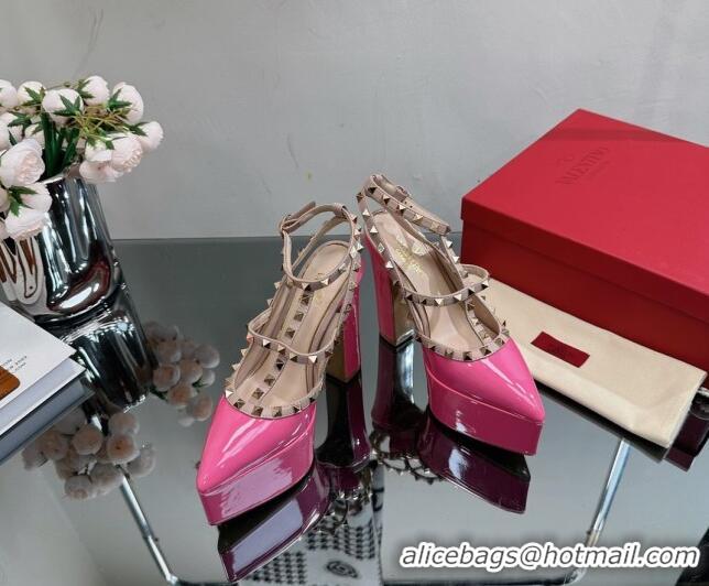 Classic Hot Valentino Rockstud Pointed Platform Pump 15.5cm in Patent Leather Dark Pink 809016