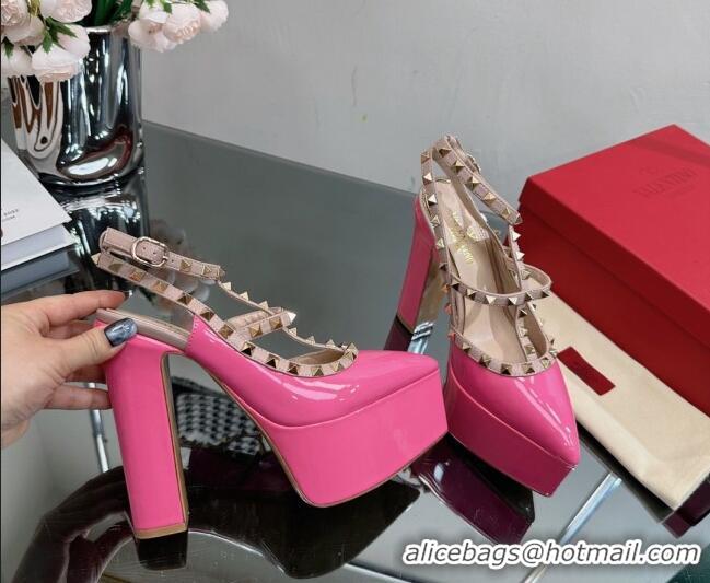 Classic Hot Valentino Rockstud Pointed Platform Pump 15.5cm in Patent Leather Dark Pink 809016