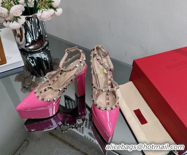 Classic Hot Valentino Rockstud Pointed Platform Pump 15.5cm in Patent Leather Dark Pink 809016