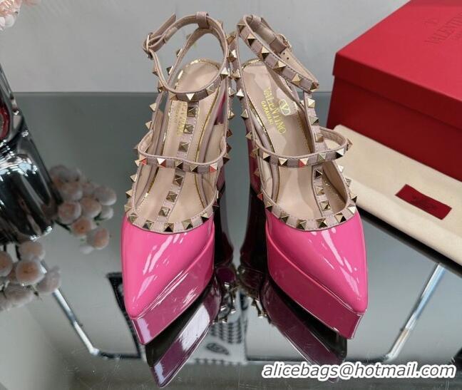 Classic Hot Valentino Rockstud Pointed Platform Pump 15.5cm in Patent Leather Dark Pink 809016