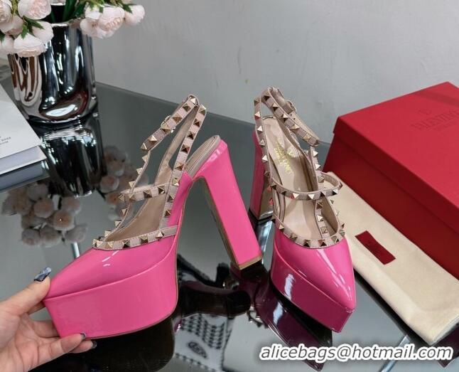 Classic Hot Valentino Rockstud Pointed Platform Pump 15.5cm in Patent Leather Dark Pink 809016