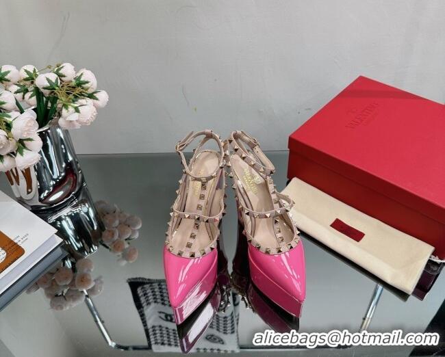 Classic Hot Valentino Rockstud Pointed Platform Pump 15.5cm in Patent Leather Dark Pink 809016