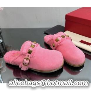 Top Grade Valentino Roman Stud Wool and Suede Flat Mules with Buckle Pink 809017