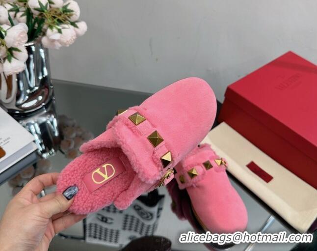 Top Grade Valentino Roman Stud Wool and Suede Flat Mules with Buckle Pink 809017