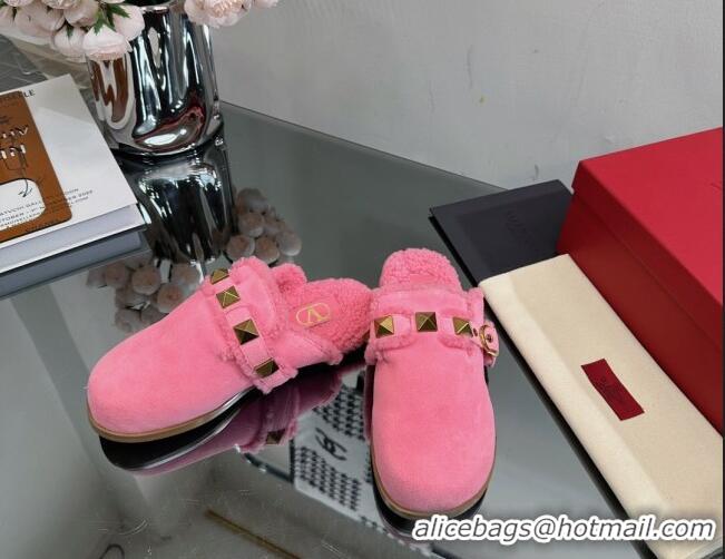 Top Grade Valentino Roman Stud Wool and Suede Flat Mules with Buckle Pink 809017