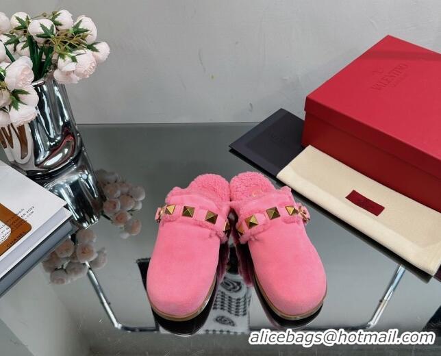 Top Grade Valentino Roman Stud Wool and Suede Flat Mules with Buckle Pink 809017