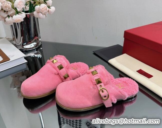 Top Grade Valentino Roman Stud Wool and Suede Flat Mules with Buckle Pink 809017