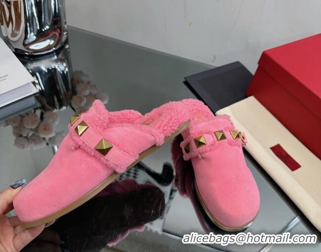 Top Grade Valentino Roman Stud Wool and Suede Flat Mules with Buckle Pink 809017