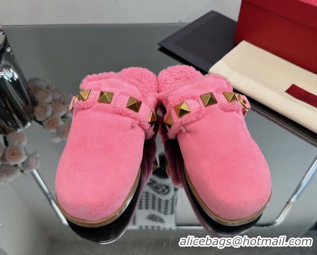 Top Grade Valentino Roman Stud Wool and Suede Flat Mules with Buckle Pink 809017