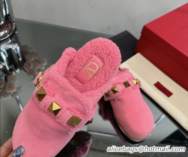 Top Grade Valentino Roman Stud Wool and Suede Flat Mules with Buckle Pink 809017