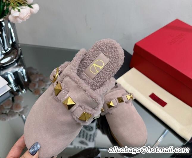 Unique Style Valentino Roman Stud Wool and Suede Flat Mules with Buckle Light Grey 809018