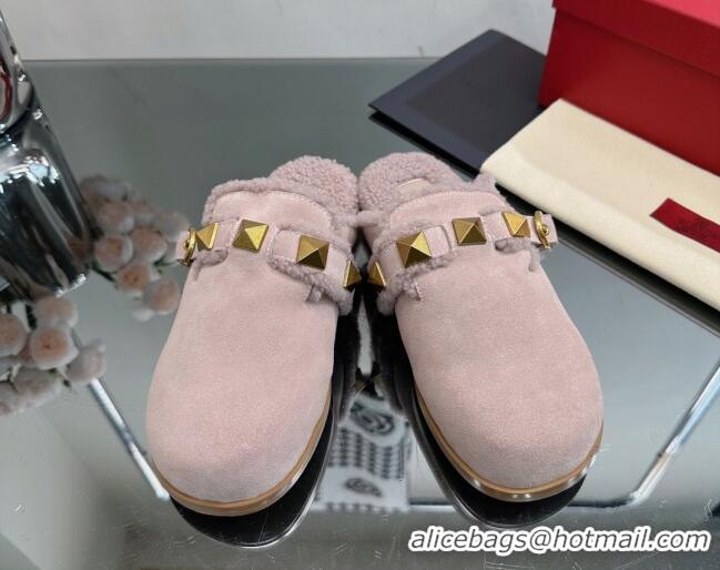 Unique Style Valentino Roman Stud Wool and Suede Flat Mules with Buckle Light Grey 809018