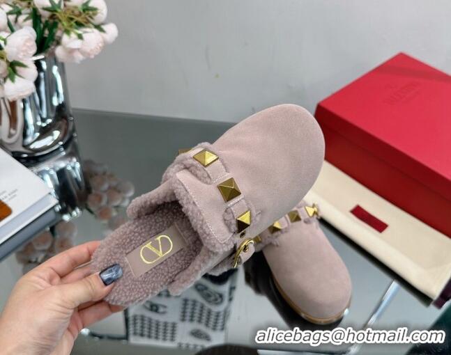 Unique Style Valentino Roman Stud Wool and Suede Flat Mules with Buckle Light Grey 809018