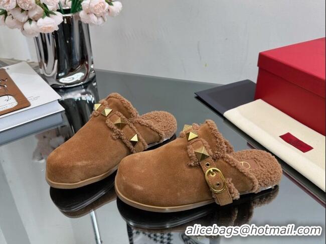 Good Looking Valentino Roman Stud Wool and Suede Flat Mules with Buckle Brown 809020