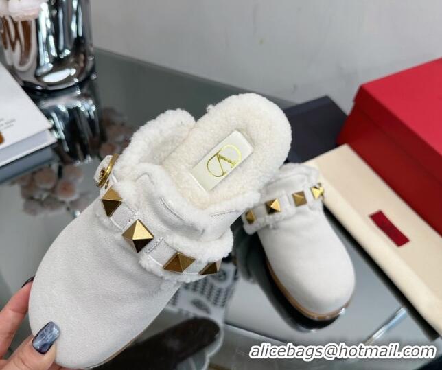 Most Popular Valentino Roman Stud Wool and Suede Flat Mules with Buckle White 809021