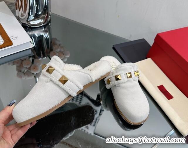 Most Popular Valentino Roman Stud Wool and Suede Flat Mules with Buckle White 809021