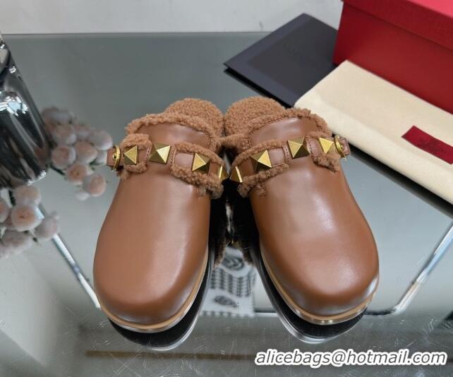 Good Quality Valentino Roman Stud Wool and Calfskin Flat Mules with Buckle Brown 809022