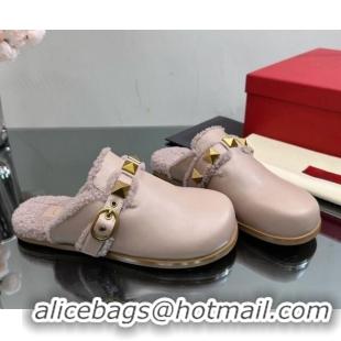 Good Quality Valentino Roman Stud Wool and Calfskin Flat Mules with Buckle Dusty Nude 809024