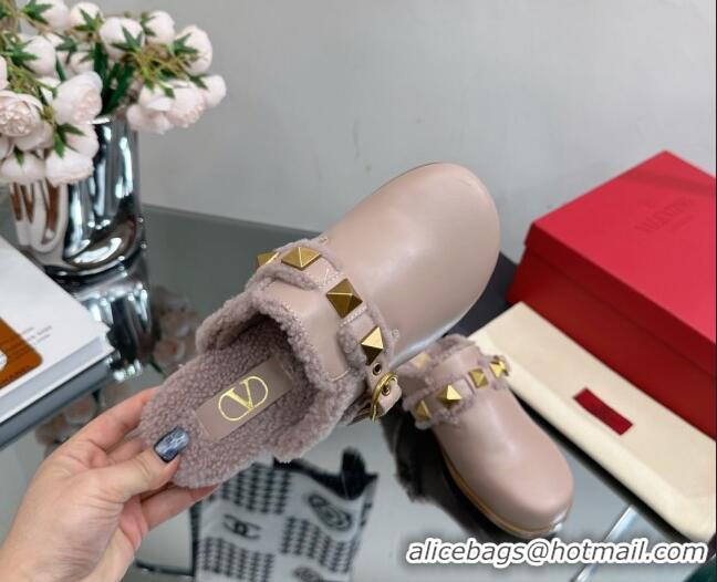 Good Quality Valentino Roman Stud Wool and Calfskin Flat Mules with Buckle Dusty Nude 809024