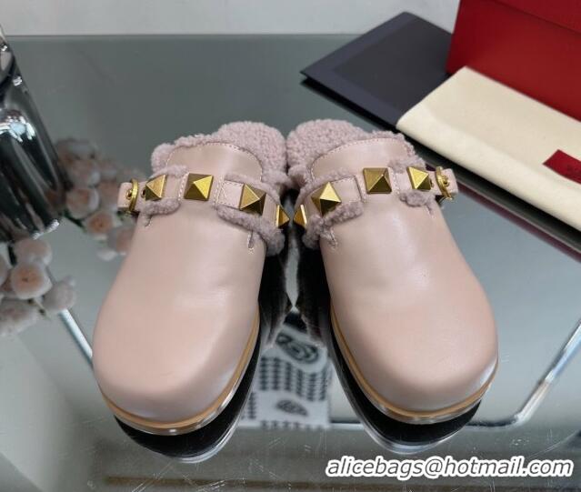 Good Quality Valentino Roman Stud Wool and Calfskin Flat Mules with Buckle Dusty Nude 809024