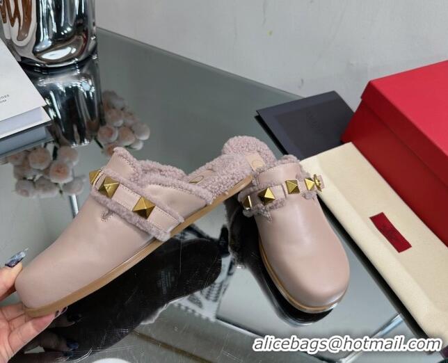 Good Quality Valentino Roman Stud Wool and Calfskin Flat Mules with Buckle Dusty Nude 809024