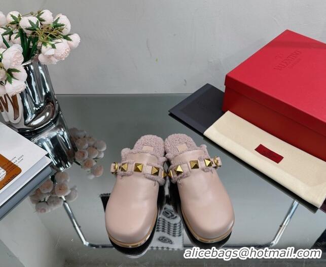 Good Quality Valentino Roman Stud Wool and Calfskin Flat Mules with Buckle Dusty Nude 809024