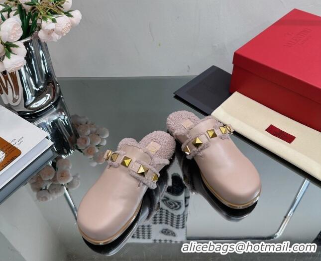 Good Quality Valentino Roman Stud Wool and Calfskin Flat Mules with Buckle Dusty Nude 809024