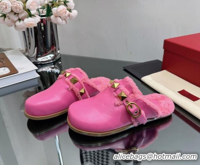 Durable Valentino Roman Stud Wool and Calfskin Flat Mules with Buckle Dark Pink 809025