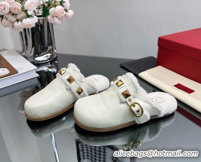 Best Product Valentino Roman Stud Wool and Calfskin Flat Mules with Buckle White 809026