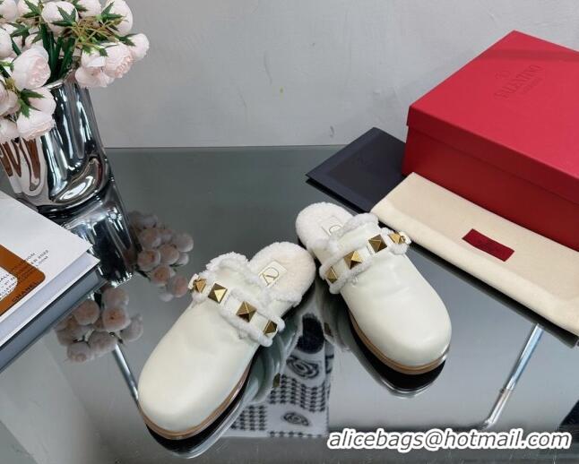 Best Product Valentino Roman Stud Wool and Calfskin Flat Mules with Buckle White 809026