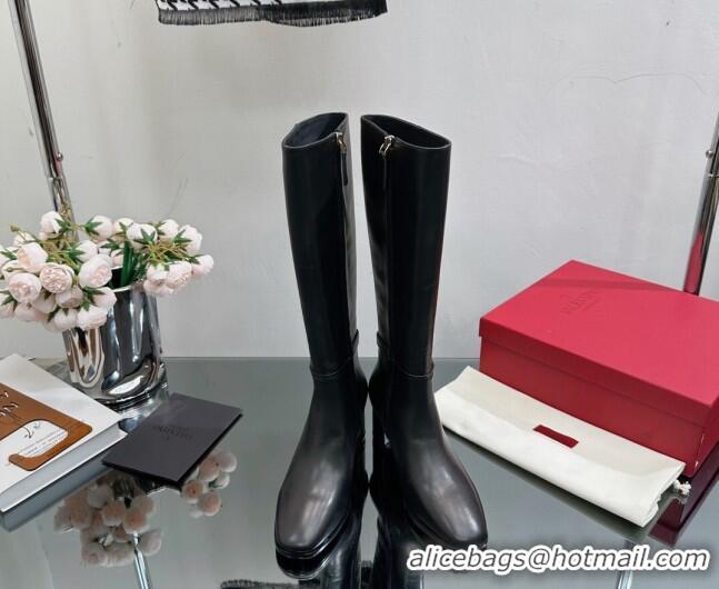 Grade Quality Valentino VLogo Calfskin Low-Heel High Boots Black VL08141