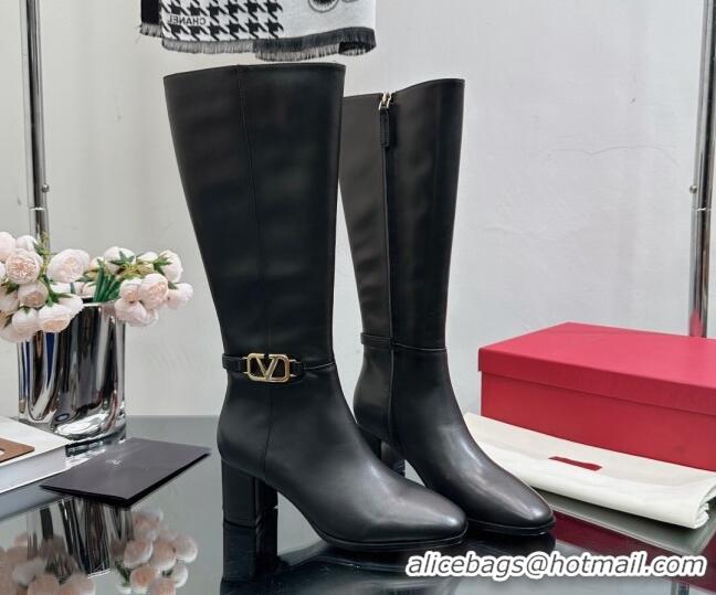 Grade Quality Valentino VLogo Calfskin Low-Heel High Boots Black VL08141