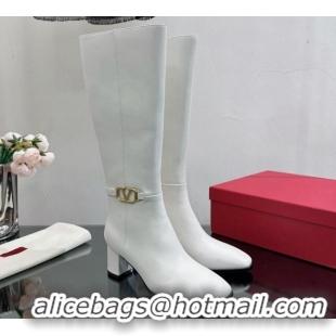 Popular Style Valentino VLogo Calfskin Low-Heel High Boots White VL08141 814103