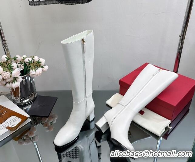 Popular Style Valentino VLogo Calfskin Low-Heel High Boots White VL08141 814103