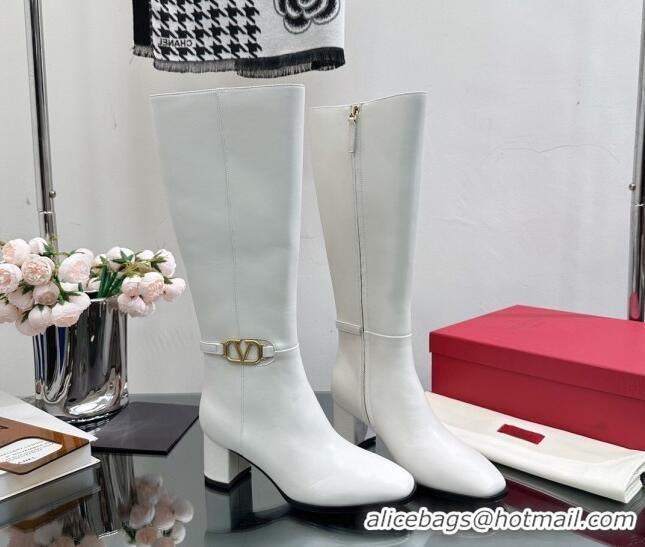 Popular Style Valentino VLogo Calfskin Low-Heel High Boots White VL08141 814103